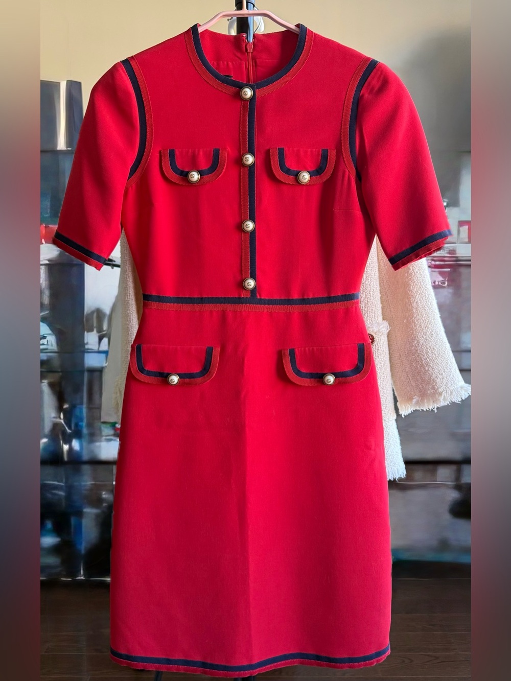 Gucci Red Wool Blend Web Trimmed Midi Dress